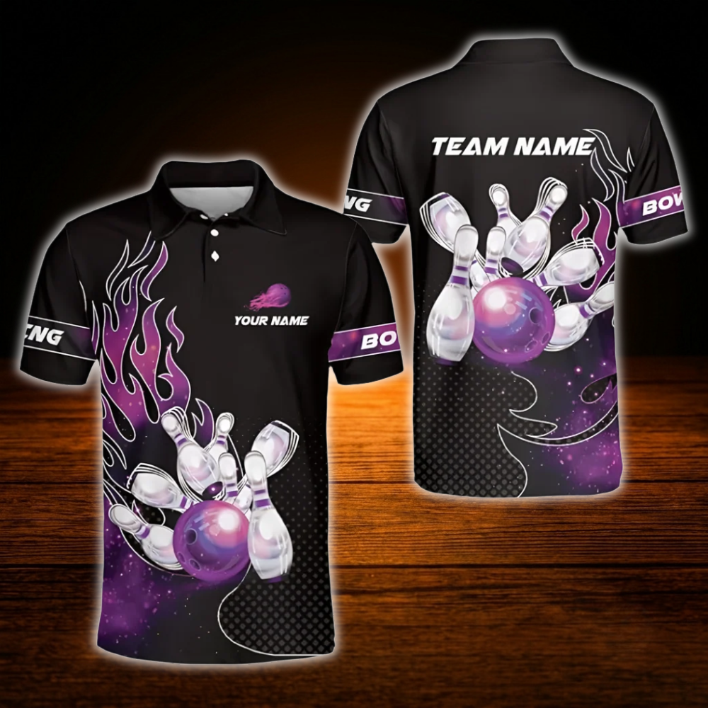 Custom Flaming Red Black Bowling Polo Shirt For Men, Custom Team Flame Bowling Shirt