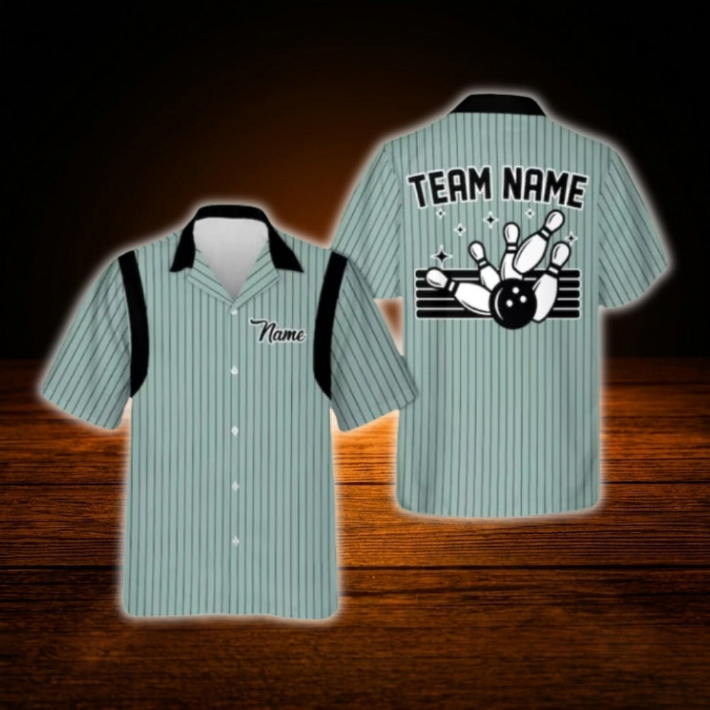 Custom Striped Mint Bowling Hawaiian Shirt For Men Women, Custom Team Bowling Shirt Retro