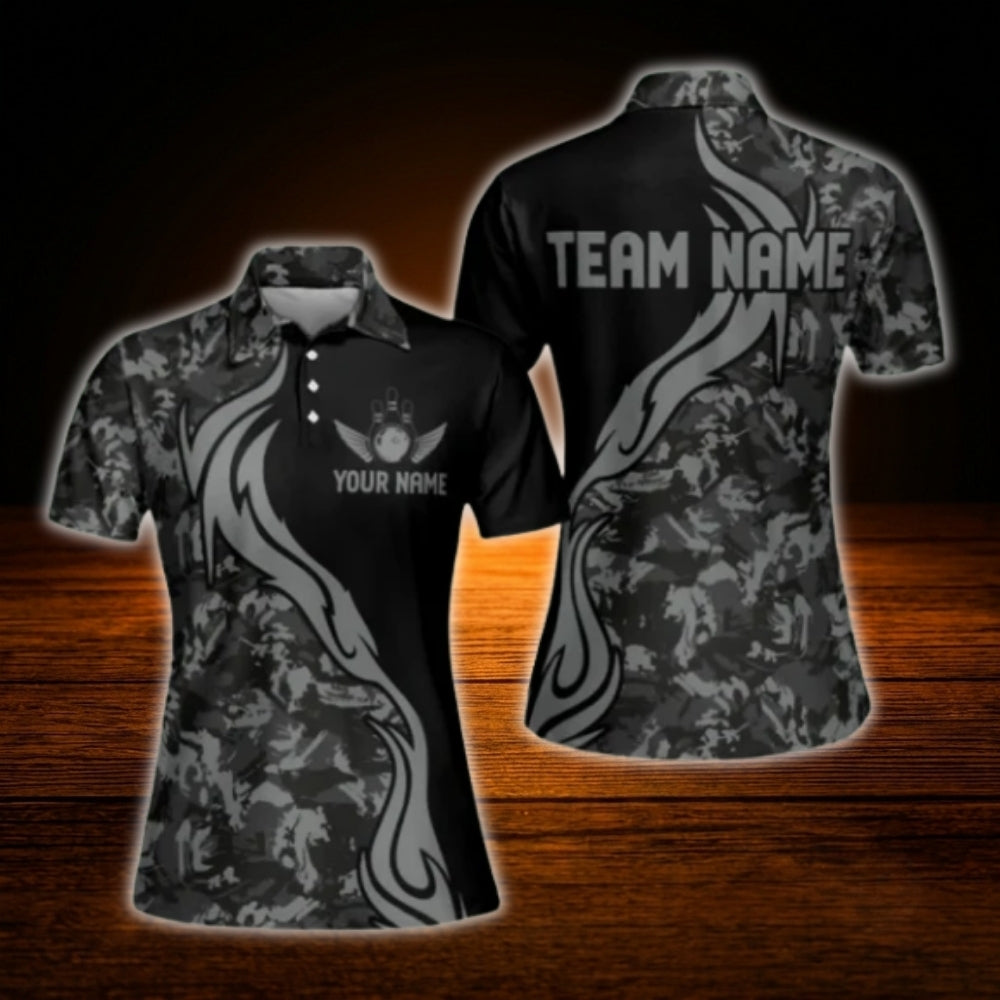 Custom Womens Grey Camouflage Bowling Polo Shirt, Custom Camo Bowling Team Shirt Women