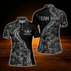 Custom Womens Grey Camouflage Bowling Polo Shirt, Custom Camo Bowling Team Shirt Women