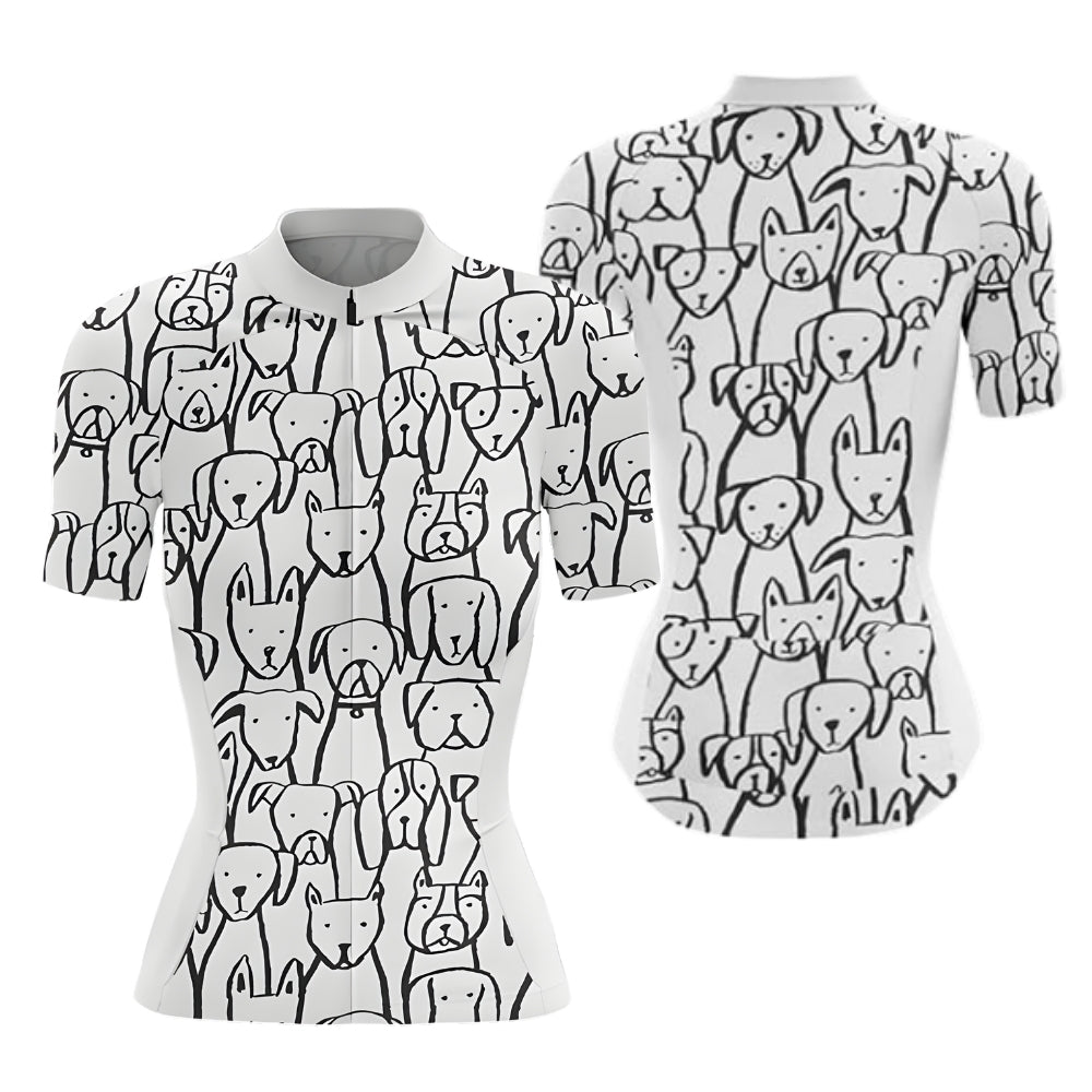 Womens Black And White Dog Cycling Short Sleeve Jersey, Dog Cycling Jersey CZ0039