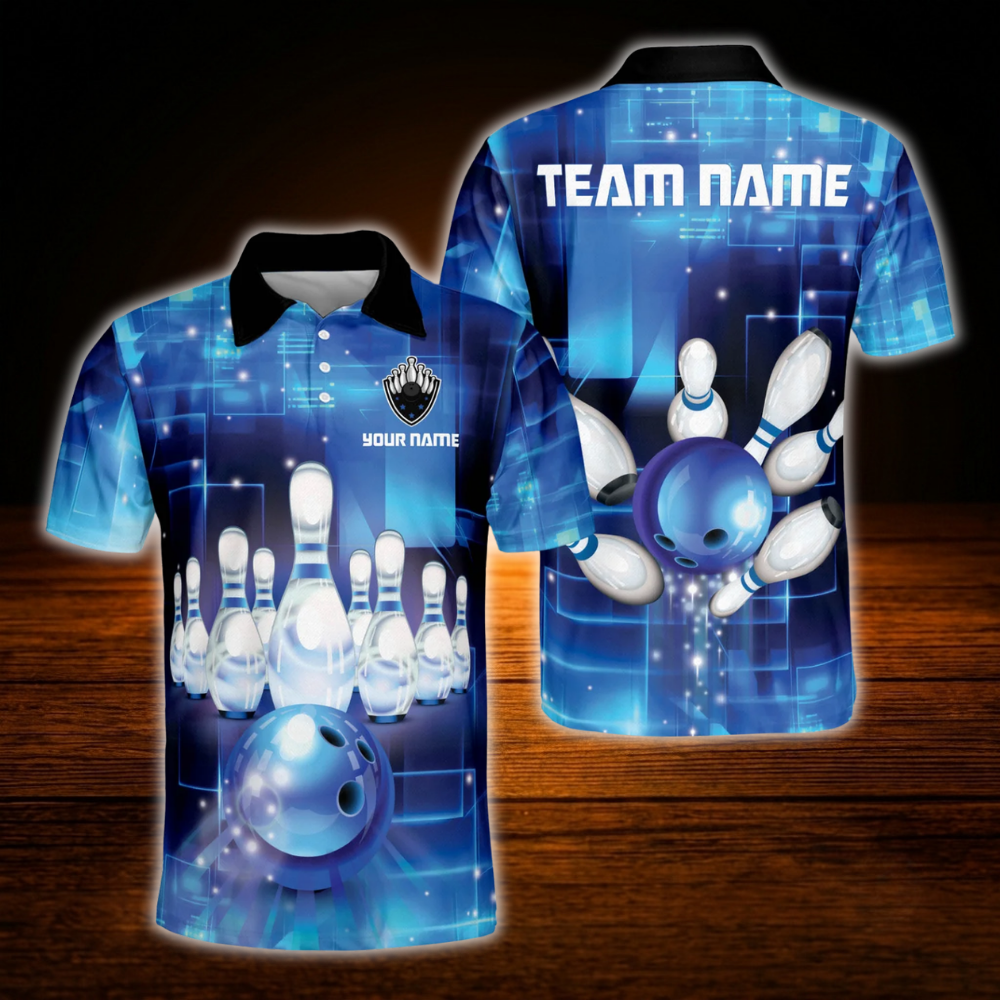 Custom Team Blue Lightning Bowling Polo Shirt Men, Custom Bowling Shirt