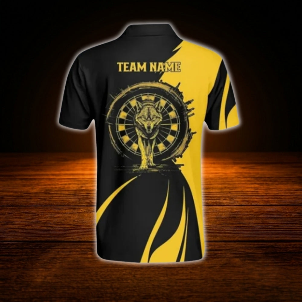 Custom Wolf Black And Yellow Dart Polo Shirt For Men, Custom Wolf Dart Team Shirt