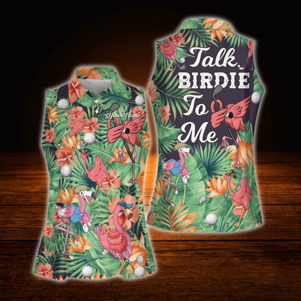 Talk Birdie To Me Custom Tropical Flamingo Women's Sleeveless Golf Shirts, Custom Flamingo Golf Shirts For Ladies