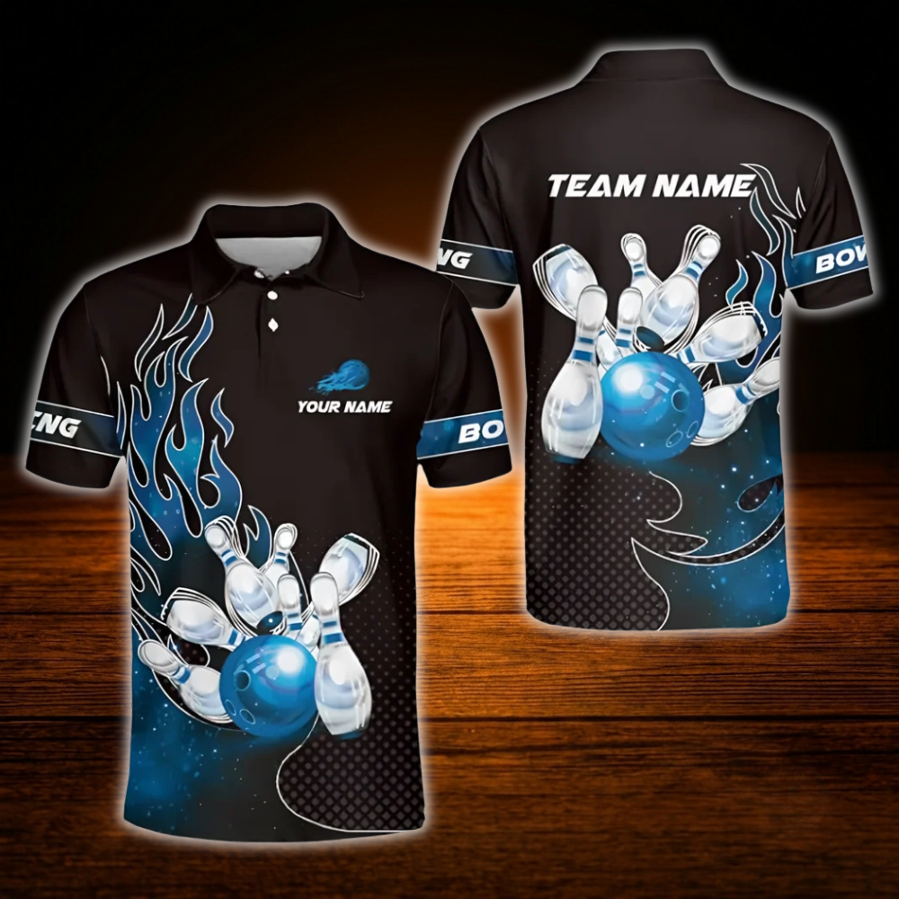 Custom Flaming Red Black Bowling Polo Shirt For Men, Custom Team Flame Bowling Shirt