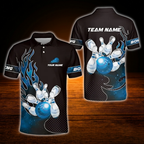 Custom Flaming Red Black Bowling Polo Shirt For Men, Custom Team Flame Bowling Shirt