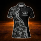 Custom Womens Grey Camouflage Bowling Polo Shirt, Custom Camo Bowling Team Shirt Women