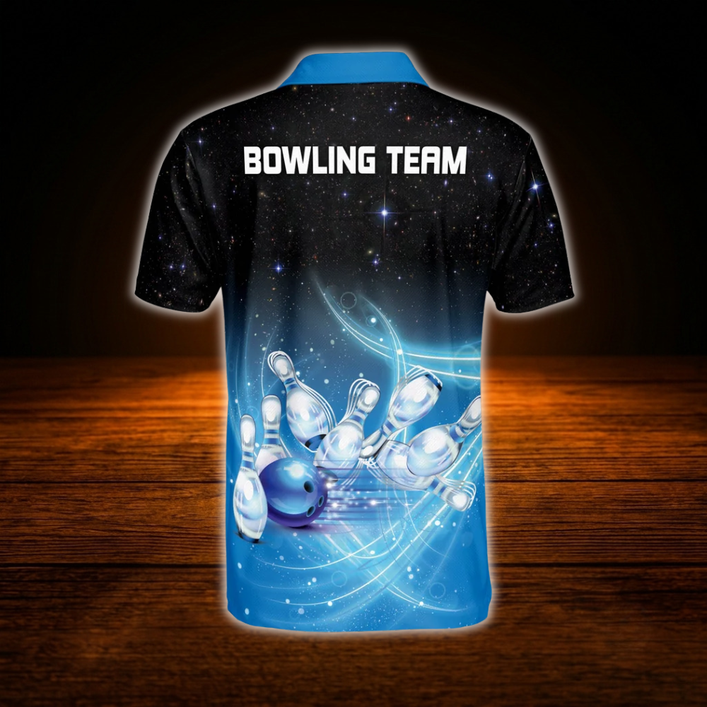 Custom Team Black And Blue Bowling Polo Shirts For Men, Custom Bowling Shirts