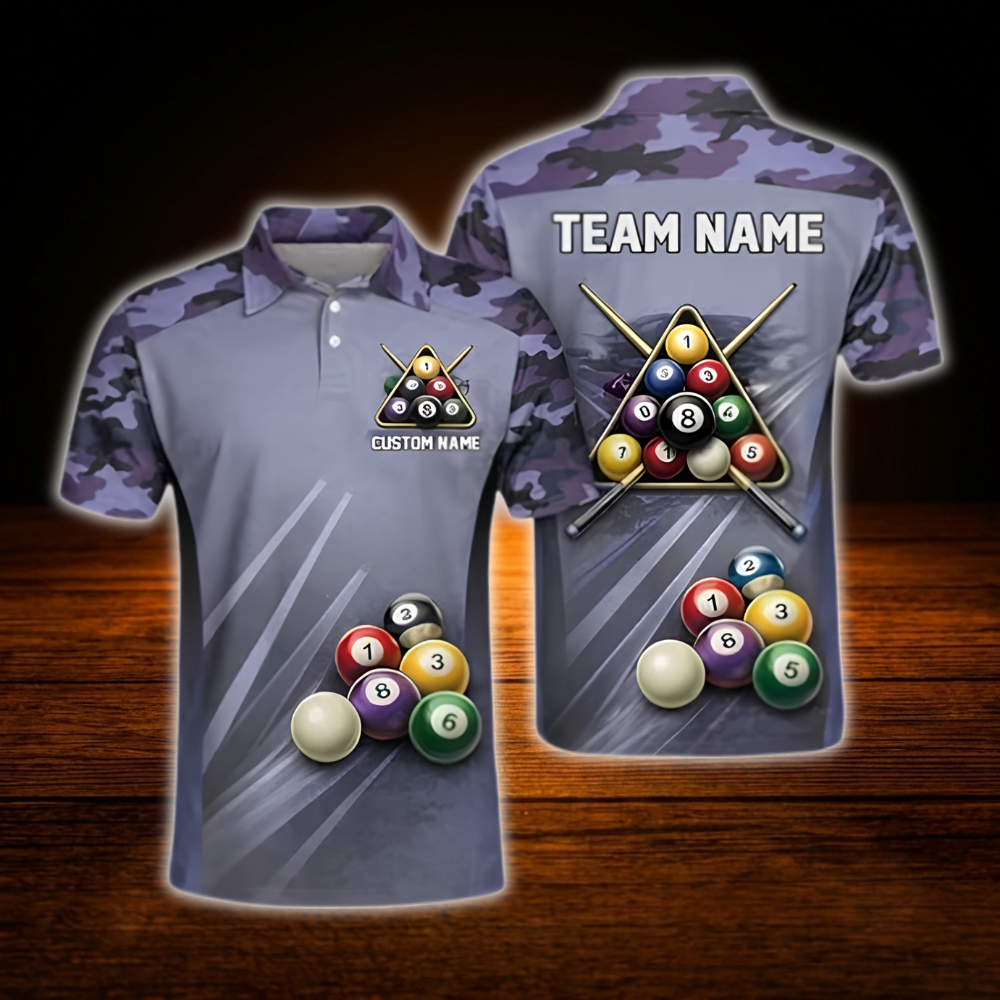 Custom Camouflage Green Billiard Men Polo Shirt, Custom Camo Billiard Shirt For Team