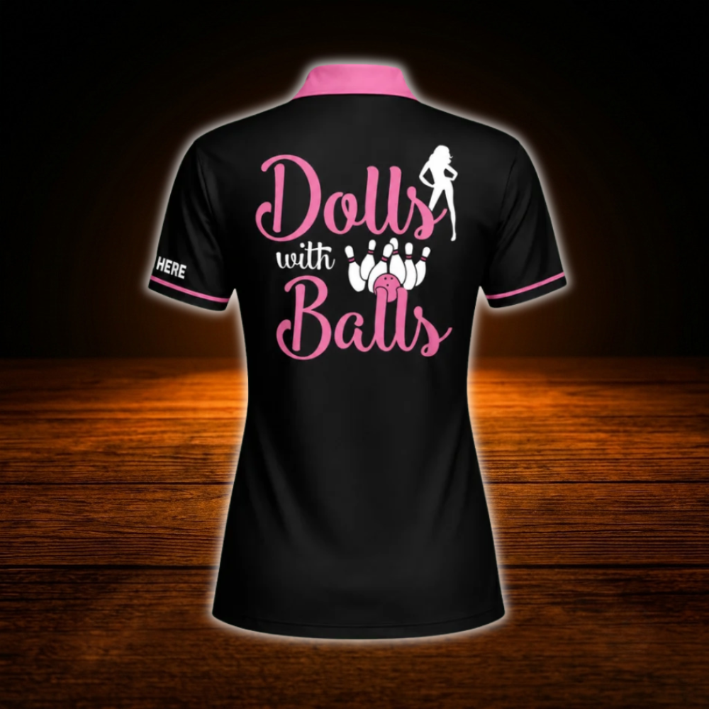Dolls With Balls Custom Black And Pink Women Bowling Polo Shirts, Custom Funny Women Bowling Shirts