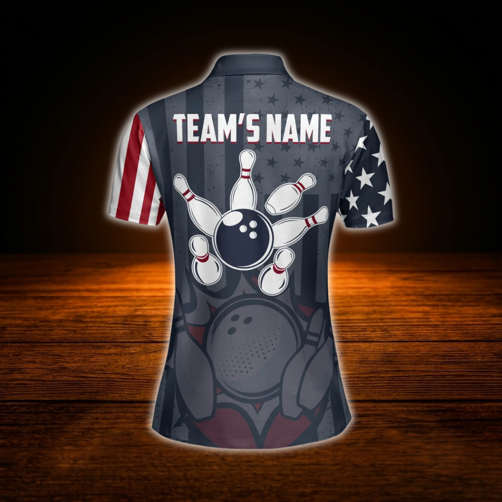 Custom American Flag Women Bowling Polo Shirts, Custom Patriotic Bowling Team Shirts For Women