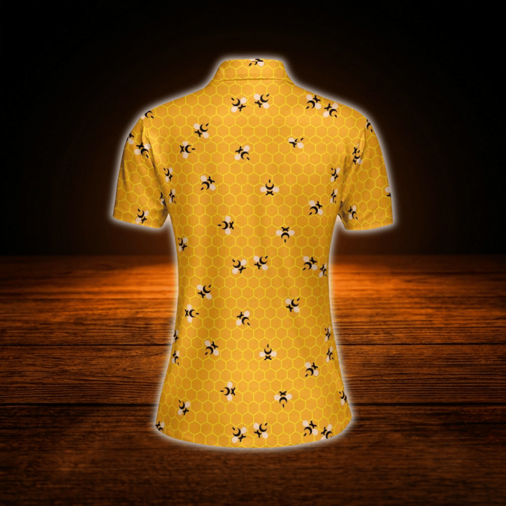 Yellow Bee Honeycomb Ladies Golf Polo Shirt, Bee Golf Shirt For Women