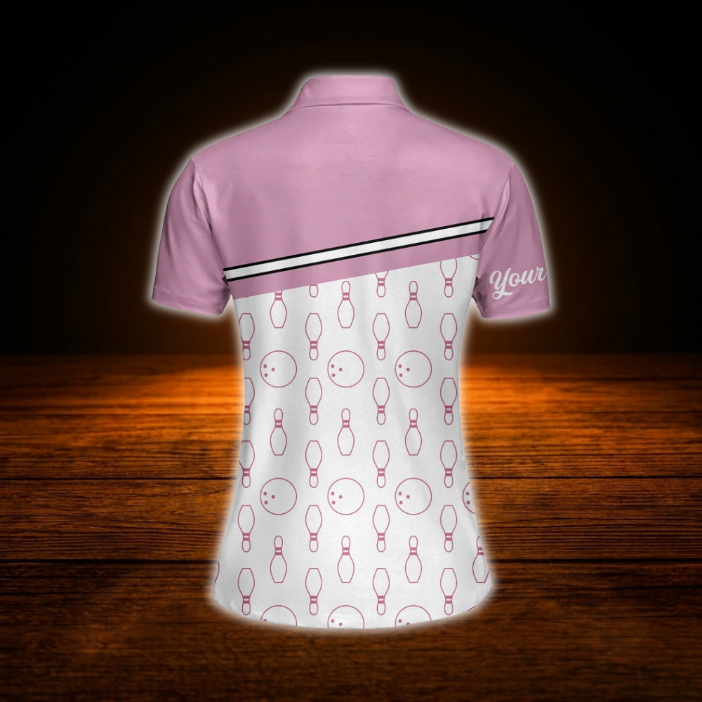 Custom Pink And White Women Bowling Polo Shirts, Custom Bowling Shirts For Women