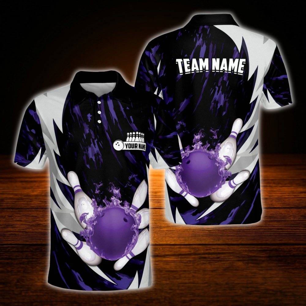 Blue Flame Pin Custom Bowling Polo Shirts Mens, Custom Flame Bowling Team Shirts