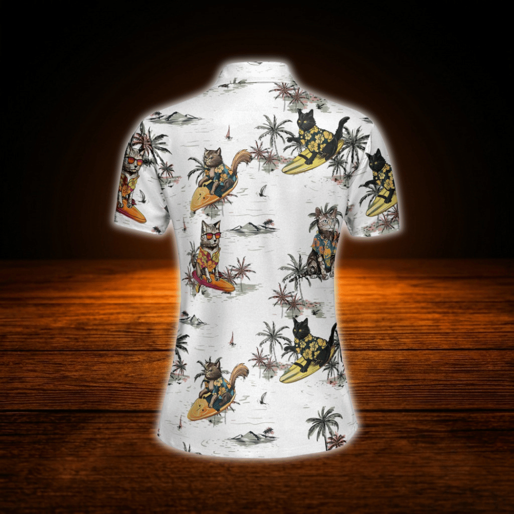 Funny Cat Tropical Women's Golf Polo Shirts , Cat Golf Shirts For Women