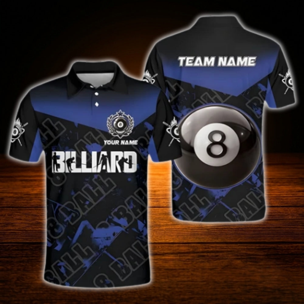 Custom 8 Ball Black Blue Billiard Men Polo Shirt, Custom 8 Ball Pool Team Shirt
