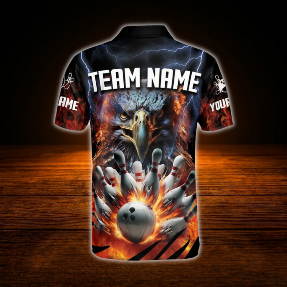 Custom Eagles Flame Bowling Polo Shirts Mens, Custom Eagles Bowling Team Shirts
