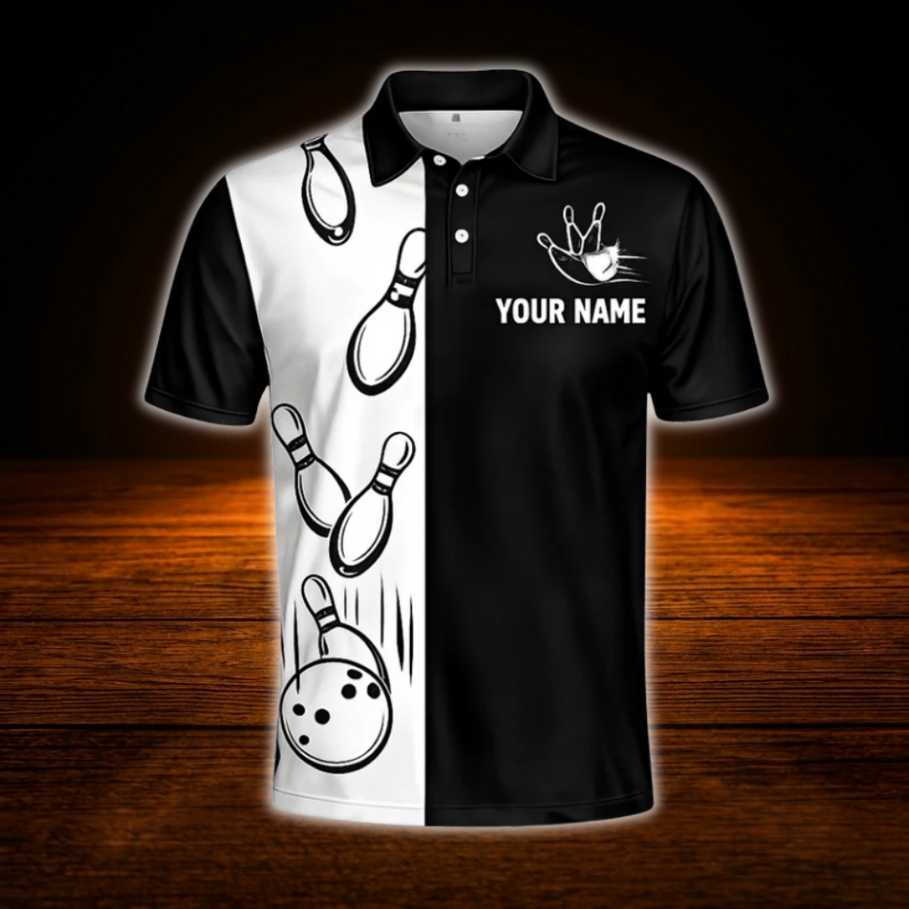 Custom Team Black And White Polo Bowling Mens Shirts, Custom Team Bowling Shirts