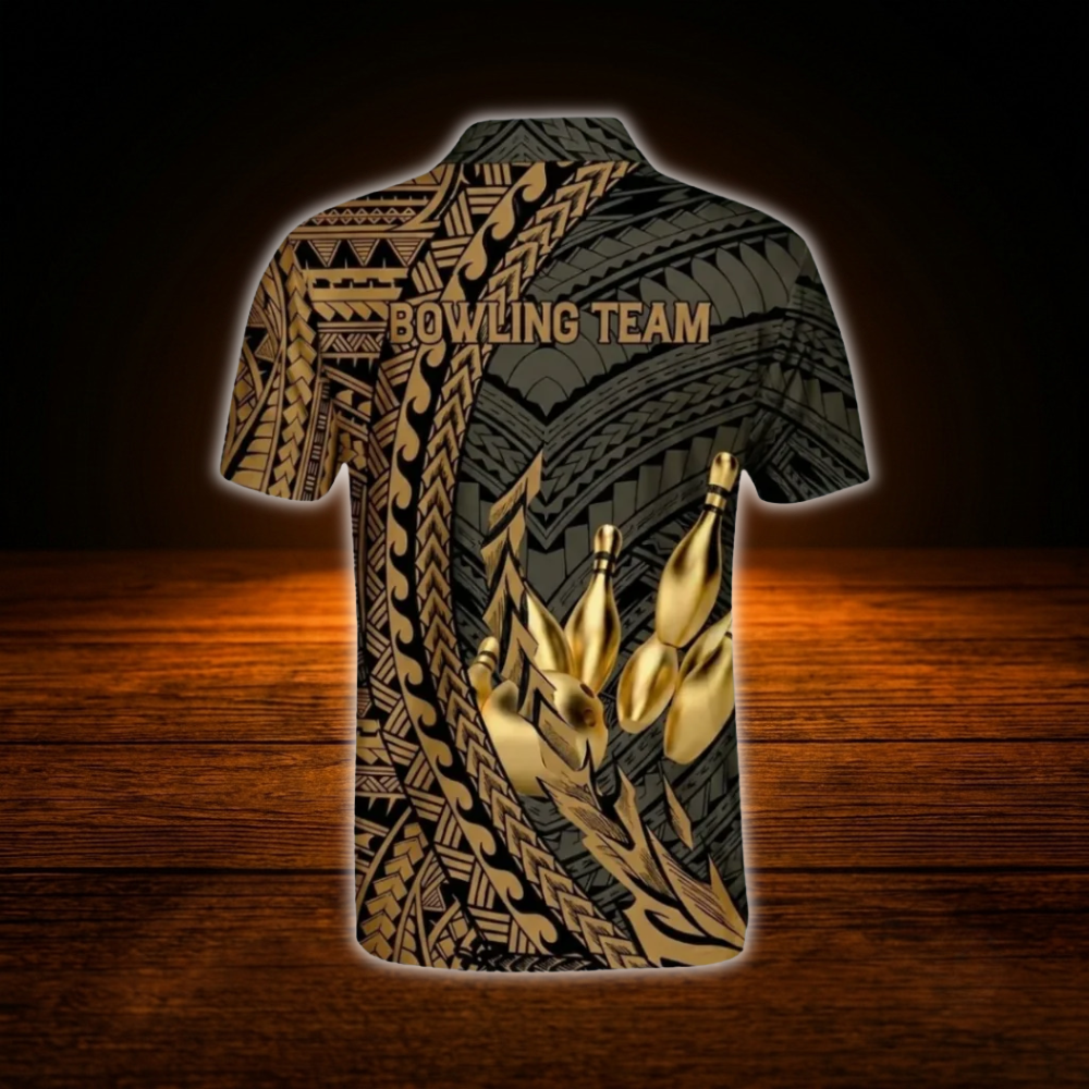 Custom Tribal Gold Bowling Polo Shirts Mens, Custom Tribal Bowling Shirts