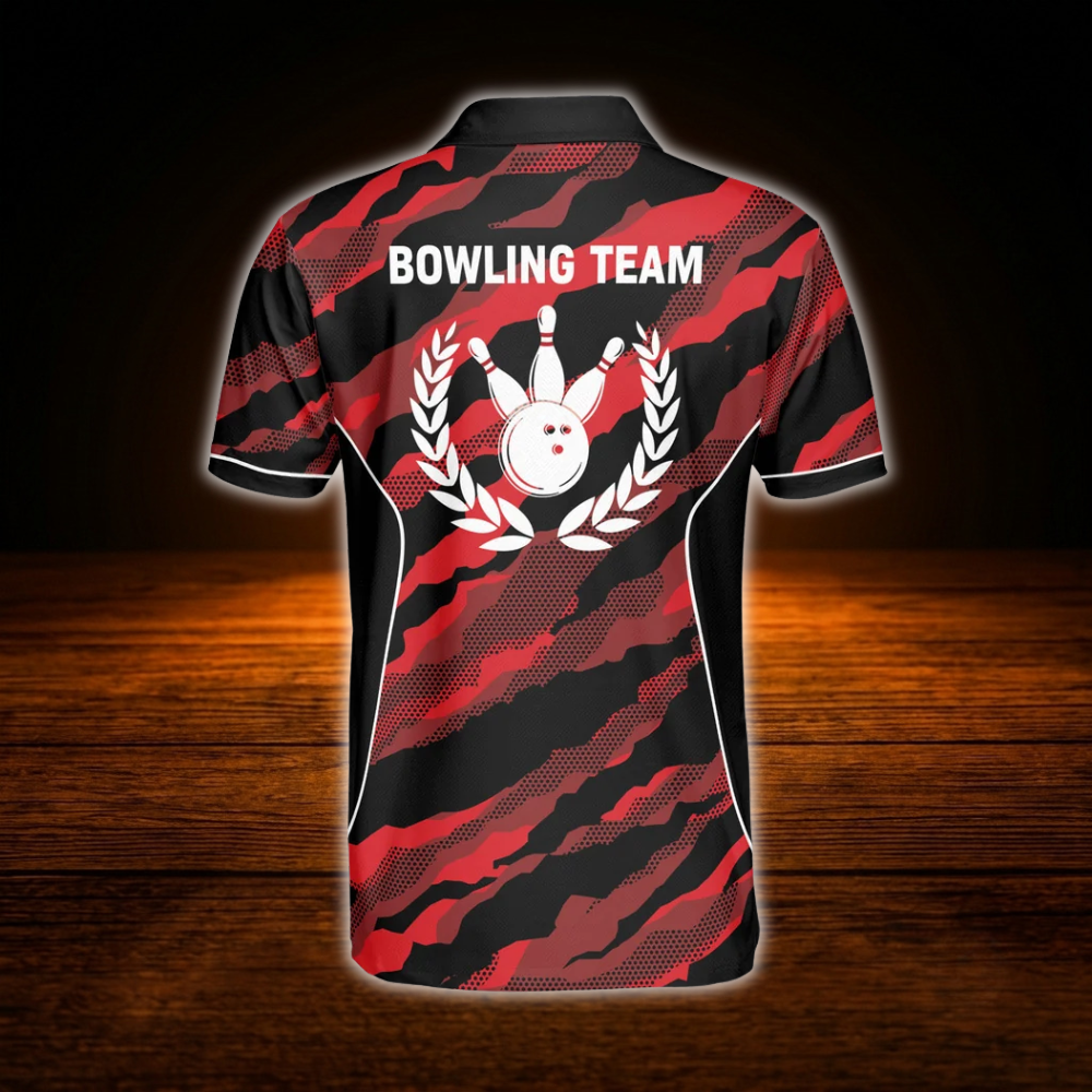 Custom Camo Black And Red Bowling Polo Shirts For Men, Custom Camo Bowling Team Shirts