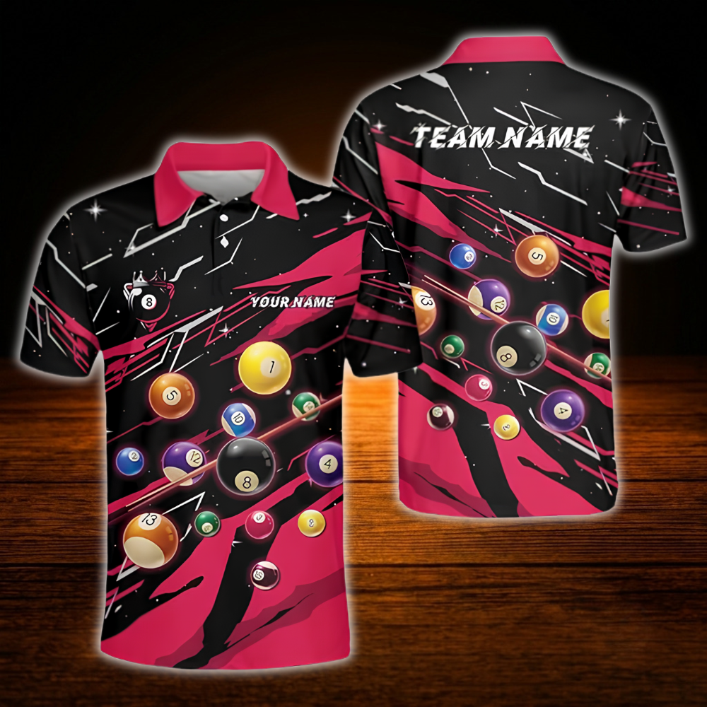 Custom Team Billiard Men Polo Shirt Red And Black, Custom Billiard Shirt