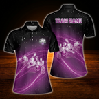 Custom Team Women Black Blue Bowling Polo Shirts, Custom Team Bowling Shirt For Women