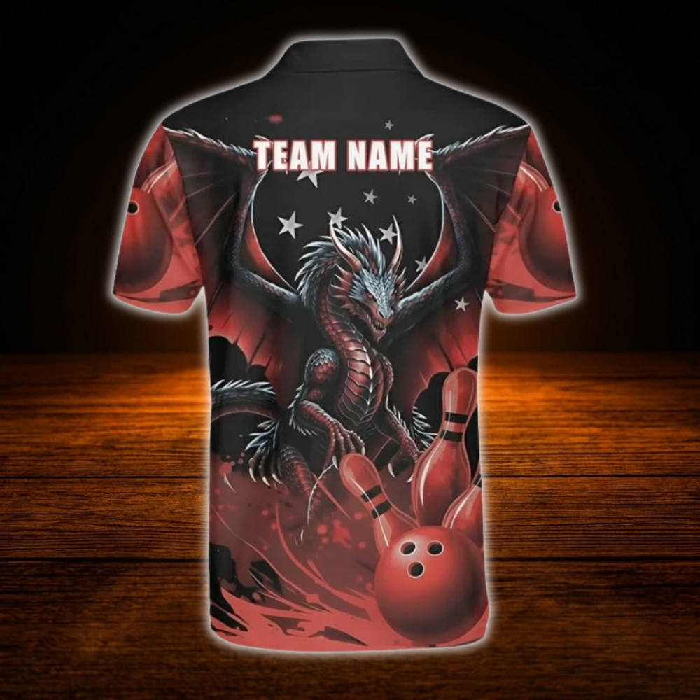 Custom Dragon Black Red Polo Bowling Shirts Mens, Custom Dragon Bowling Team Shirts