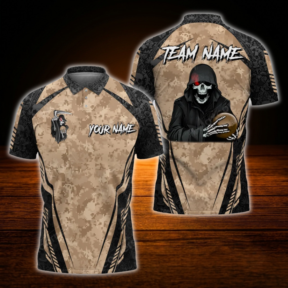 Custom Skull Camo Mens Bowling Polo Shirts, Custom Skull Team Bowling Shirts