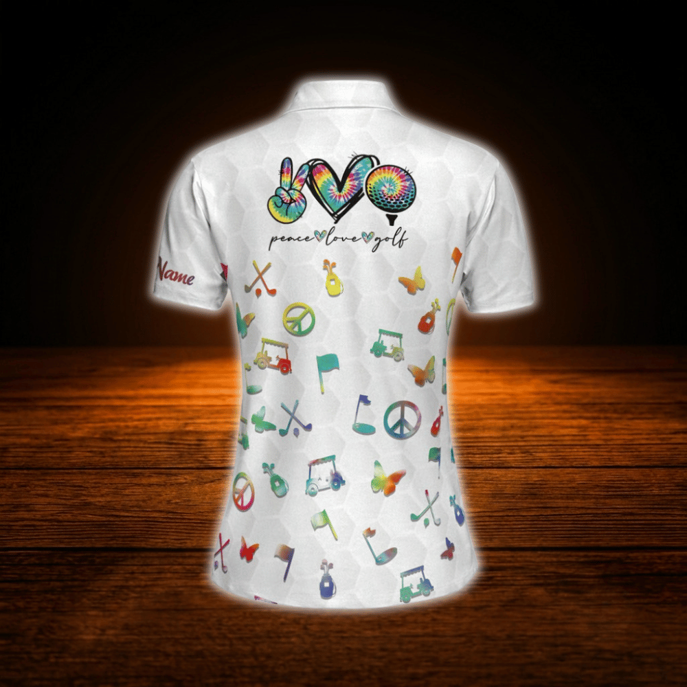 Custom Peace Love Golf Multi Colored Women's Golf Polo Shirts, Personalized Golf Shirts For Women