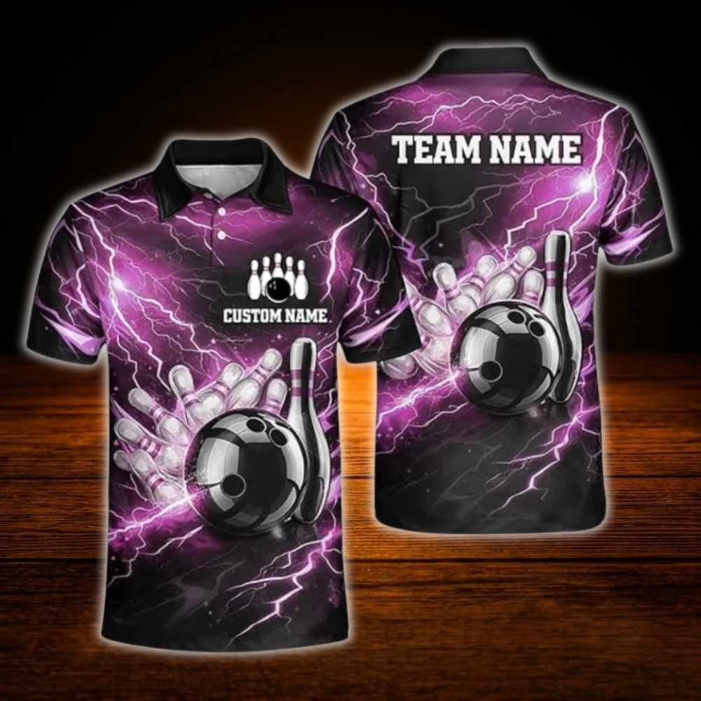 Custom Thunder Red Black Bowling Polo Shirts Mens, Custom Thunder Bowling Team Shirts