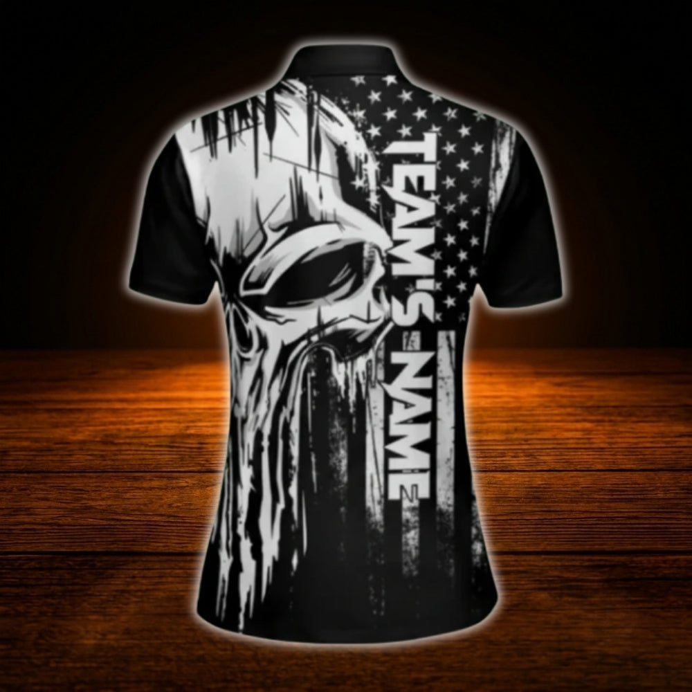 Custom Skull Black And White Women's Bowling Polo Shirt, Custom Skull Bowling Team Shirt Women
