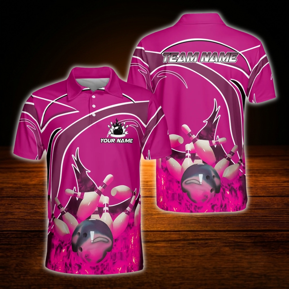 Red Flame Custom Bowling Polo Shirts For Men, Custom Flame Bowling Team Shirts