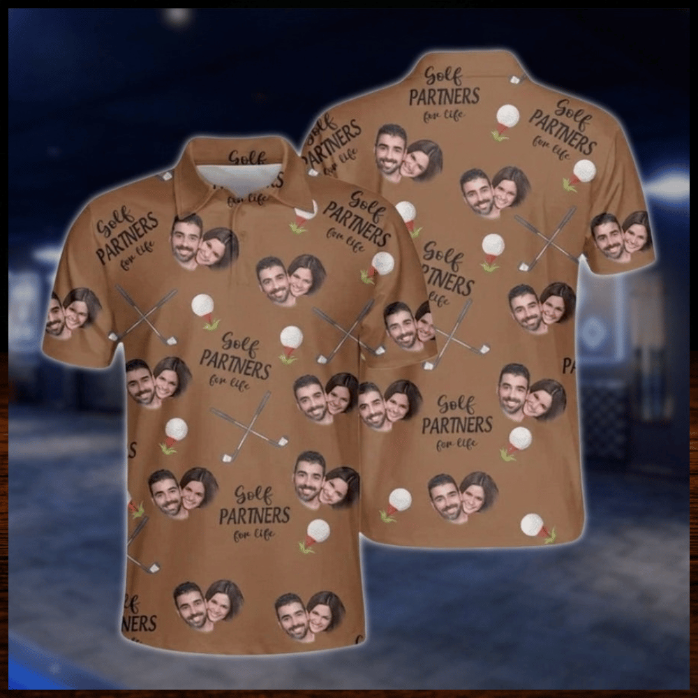 Golf Partners For Life Custom Face Matching Golf Polo Shirt For Men And Women, Custom Photo Couples Golf Shirts