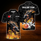 Custom Dragon Flame Bowling Polo Shirts For Men, Custom Dragon Bowling Team Shirts