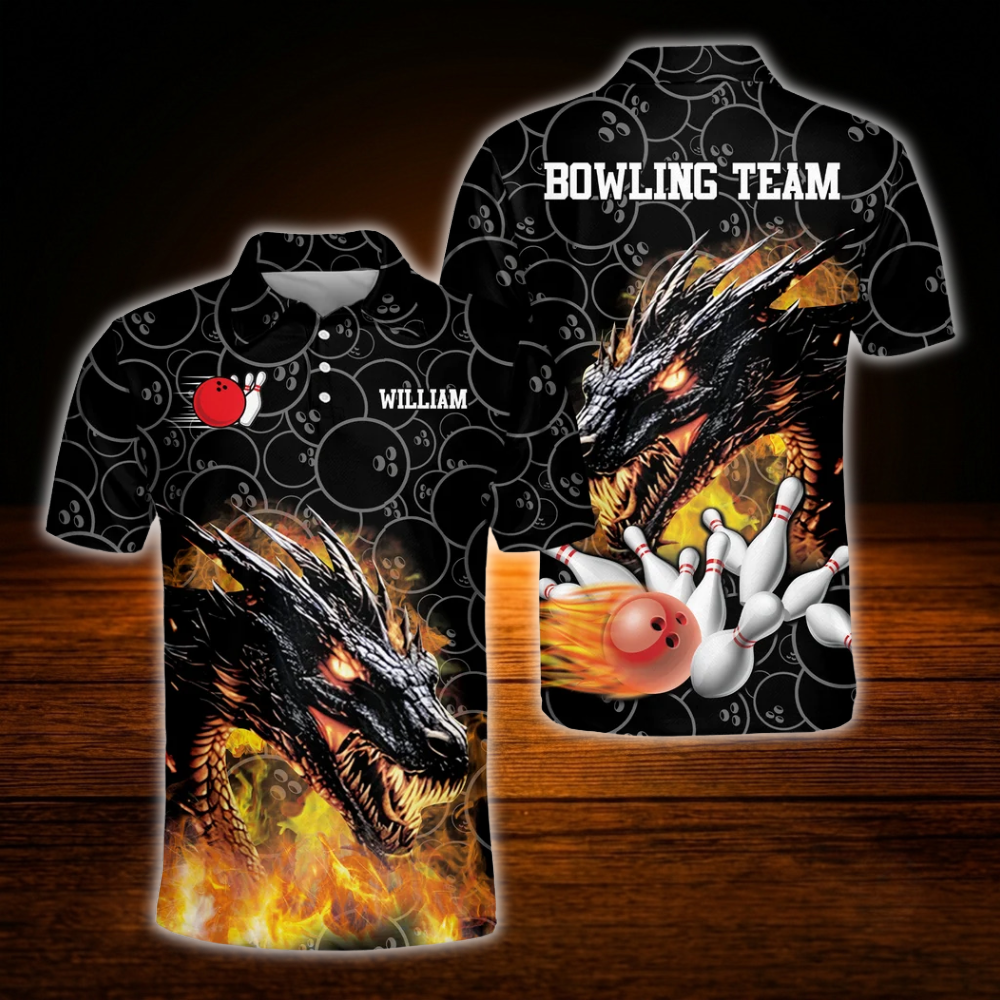 Custom Dragon Flame Bowling Polo Shirts For Men, Custom Dragon Bowling Team Shirts