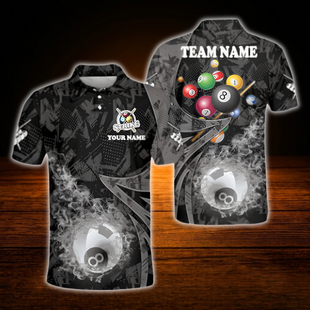 Custom 8 Ball Fire Men's Billiard Polo Shirt, Custom Flame Billiard Team Shirt