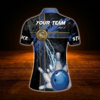 Custom Thunder Blue Ladies Bowling Polo Shirts, Custom Thunder Bowling Team Shirts For Women