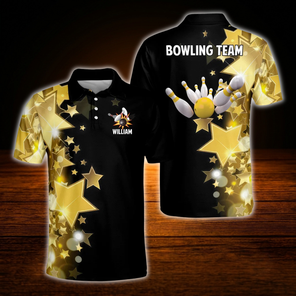 Custom Team Yellow Star Bowling Polo Shirts For Men, Custom Bowling Team Shirts