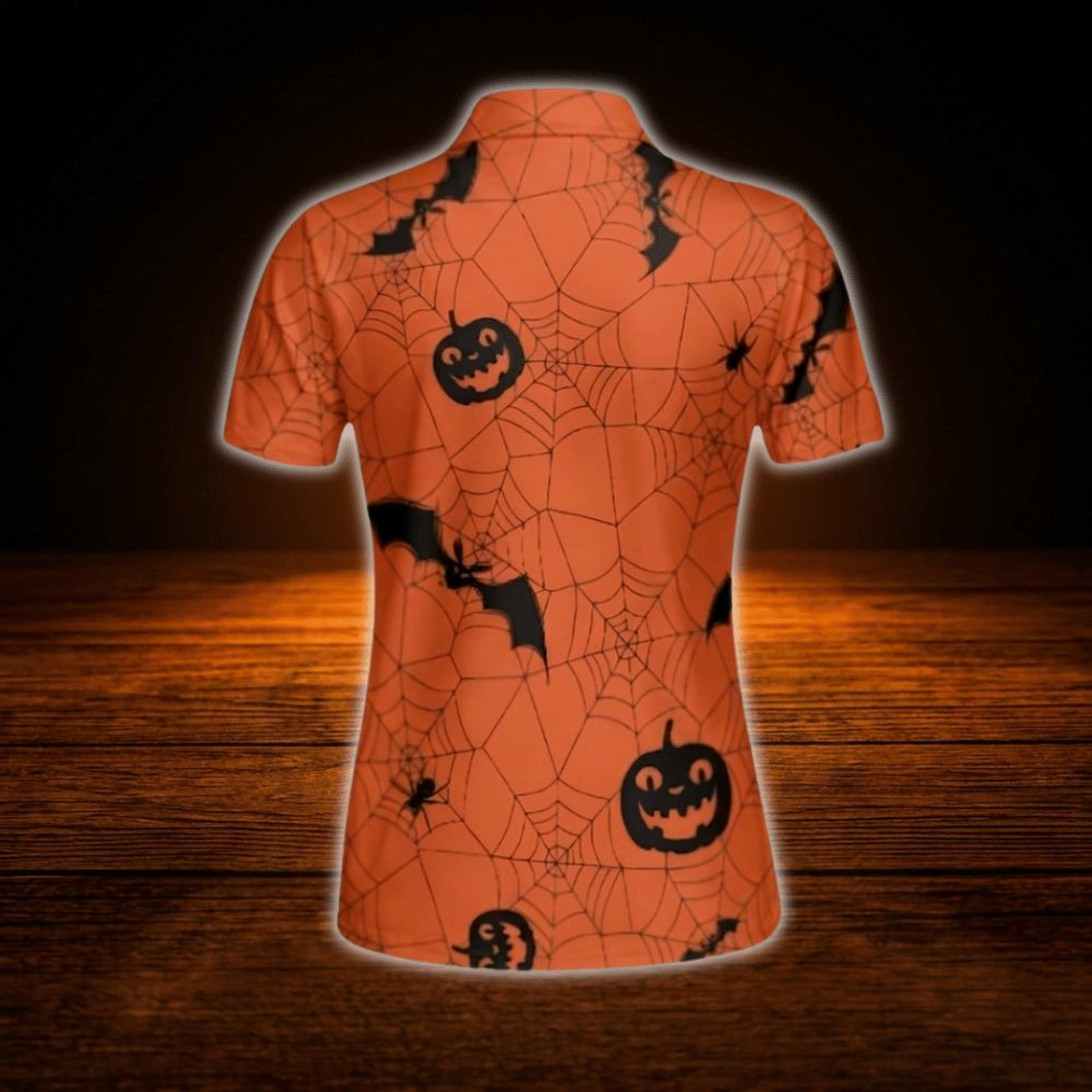Bat and Pumpkin Halloween Orange Ladies Golf Polo Shirts,  Halloween Golf Shirt For Women