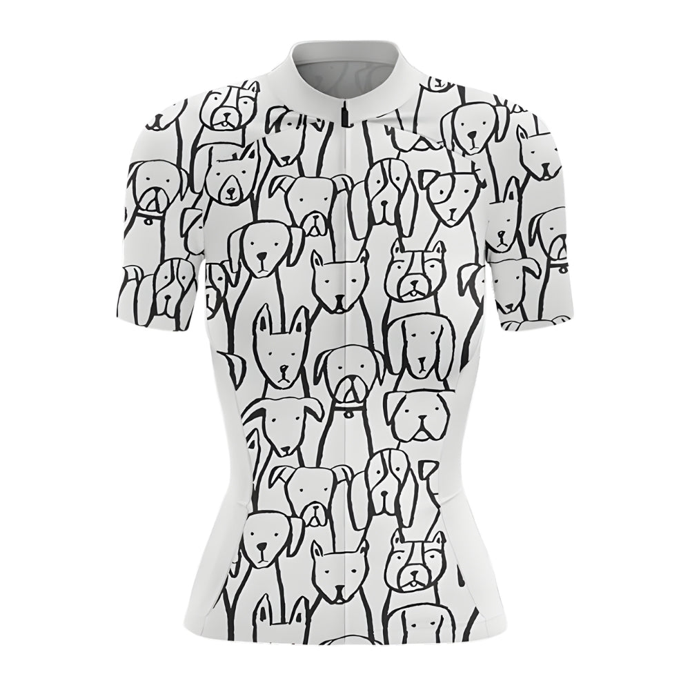 Womens Black And White Dog Cycling Short Sleeve Jersey, Dog Cycling Jersey CZ0039