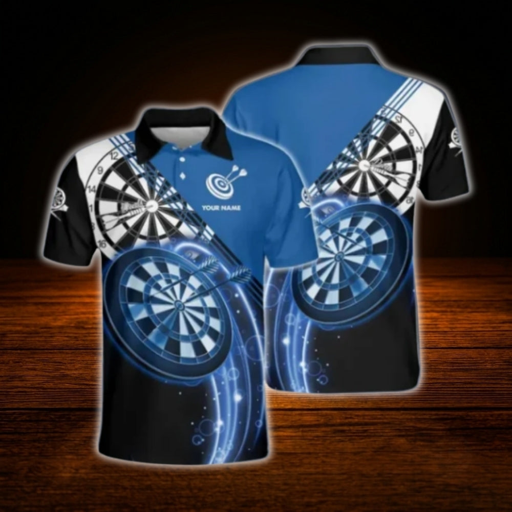 Custom Name Darts Polo Shirt For Men, Blue And Black Custom Darts Shirt