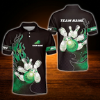 Custom Flaming Red Black Bowling Polo Shirt For Men, Custom Team Flame Bowling Shirt