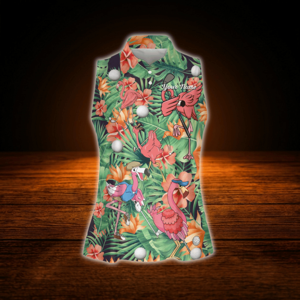 Talk Birdie To Me Custom Tropical Flamingo Women's Sleeveless Golf Shirts, Custom Flamingo Golf Shirts For Ladies