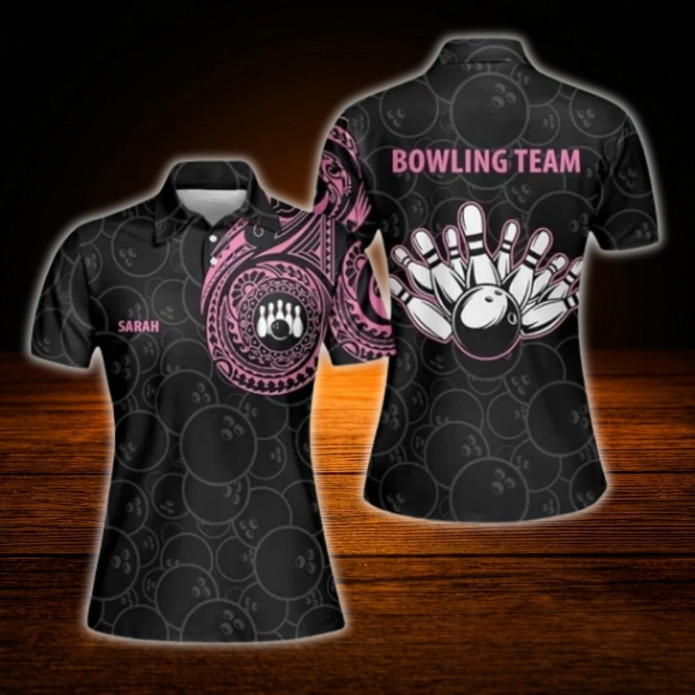 Women's Custom Tribal Pink Black Bowling Polo Shirt, Personalized Tribal Team Ladies Bowling Shirt