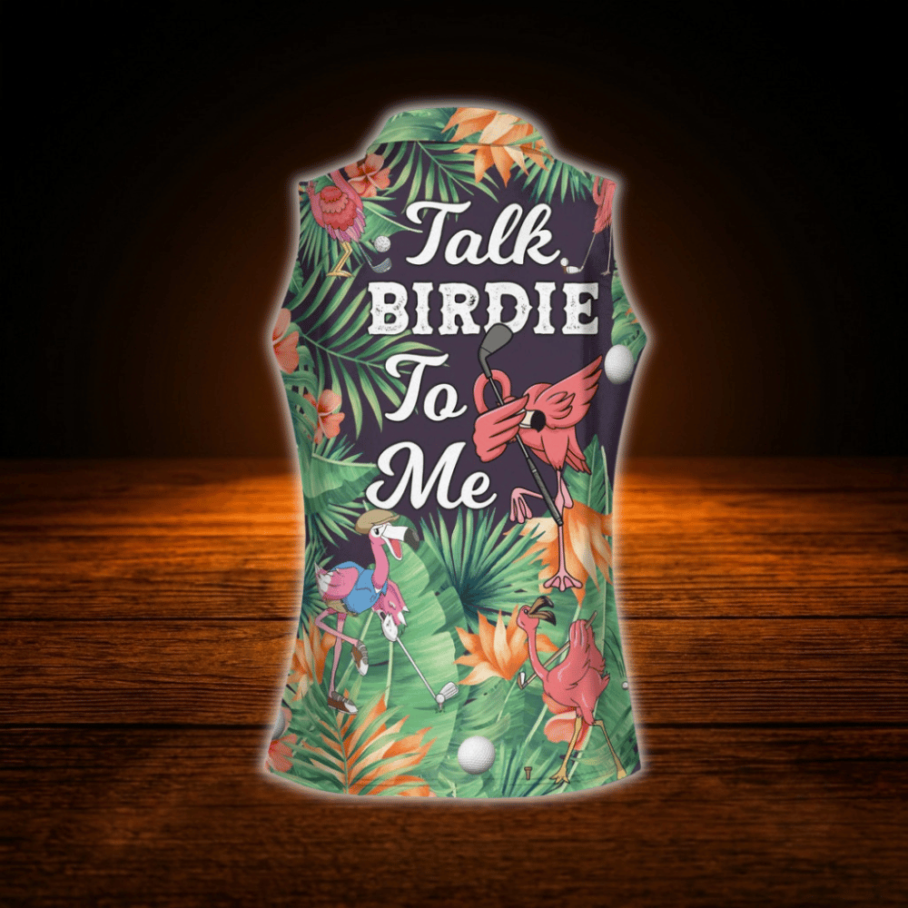 Talk Birdie To Me Custom Tropical Flamingo Women's Sleeveless Golf Shirts, Custom Flamingo Golf Shirts For Ladies
