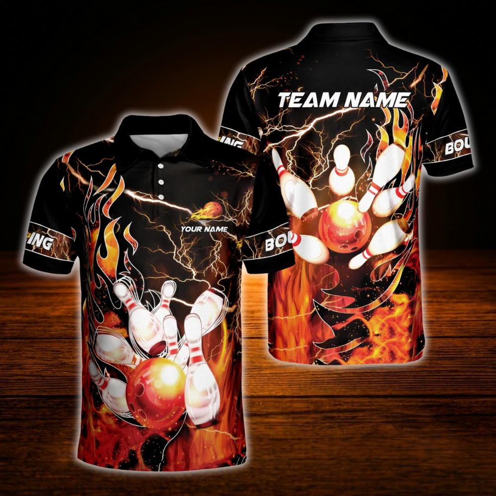 Fire Ball Custom Bowling Polo Shirt For Men, Custom Flame Bowling Team Shirt