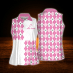 Custom Pink Argyle  Women's Sleeveless Golf Shirt, Custom Argyle Golf Shirt For Women