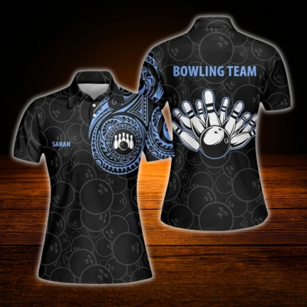 Women's Custom Tribal Pink Black Bowling Polo Shirt, Personalized Tribal Team Ladies Bowling Shirt