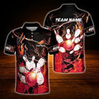 Fire Ball Custom Bowling Polo Shirt For Men, Custom Flame Bowling Team Shirt