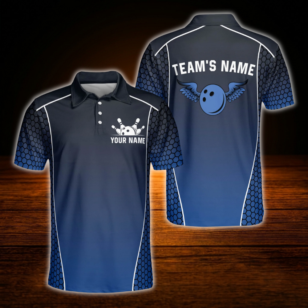 Custom Team Navy Black Bowling Polo Shirt, Custom Mens Bowling Shirt